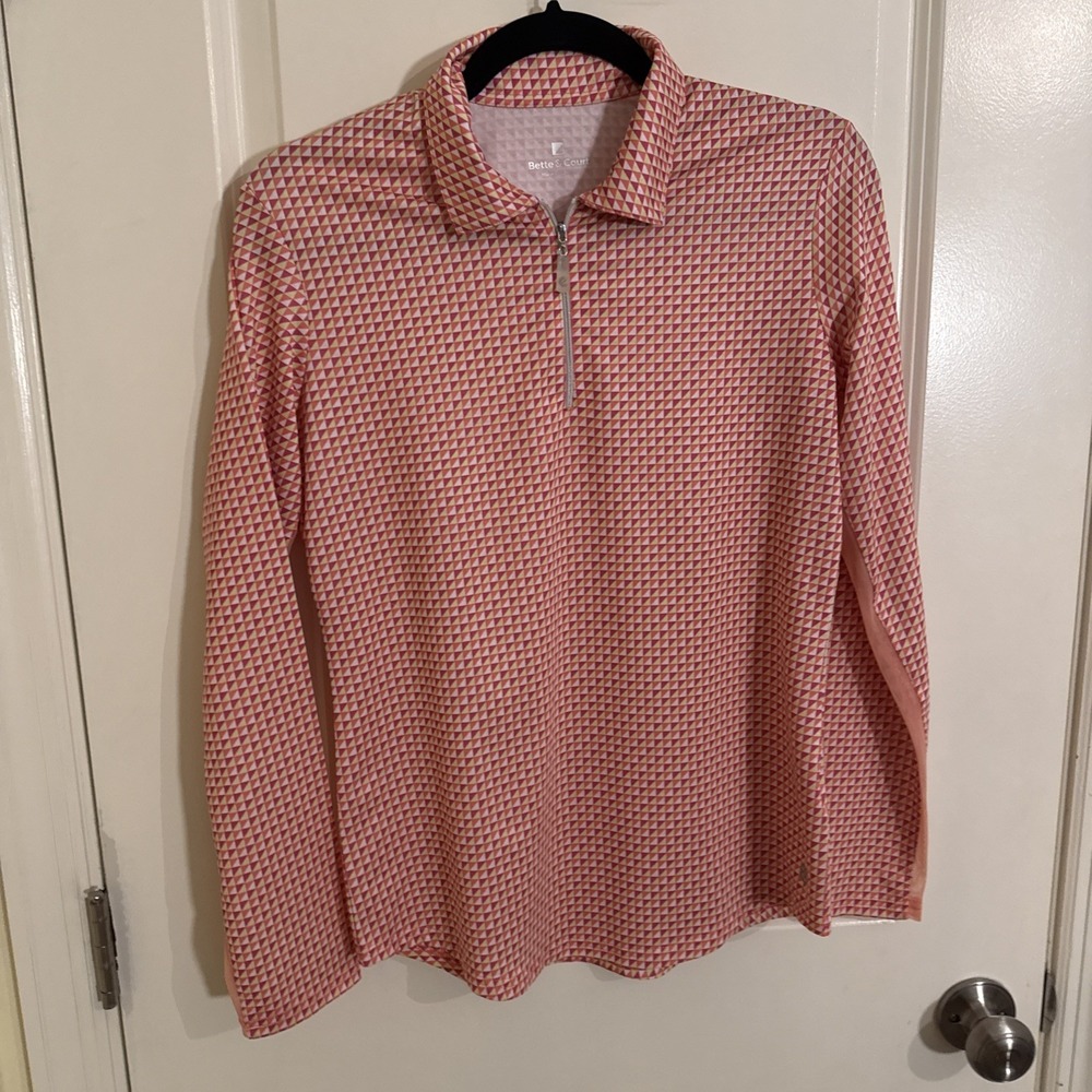 Bette & Court  1/4 Zip Top Geometric Red Mesh Sleeves Wicking UPF 50+ golf S